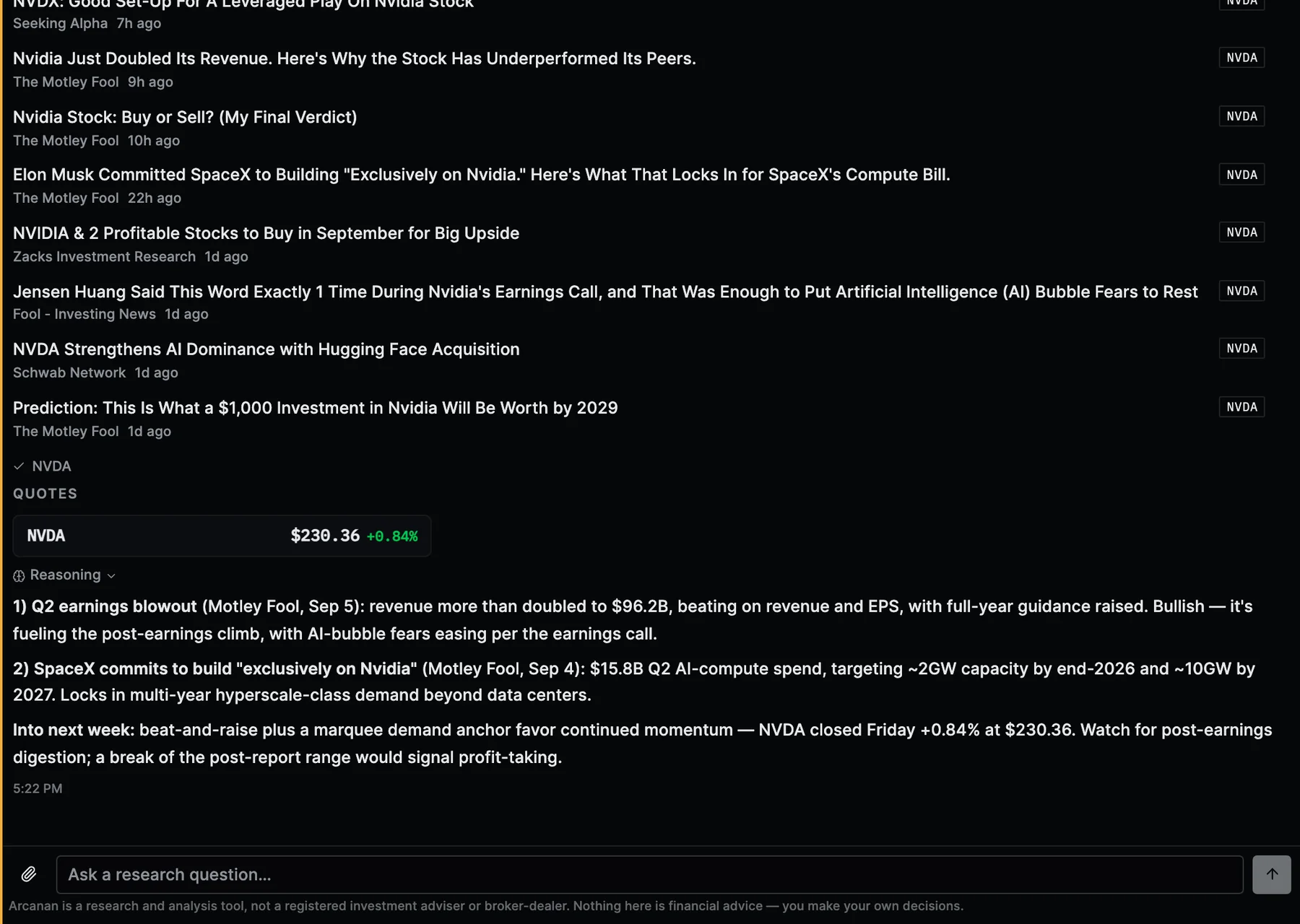 The Arcanan copilot answering a question about NVDA: the headlines and quote it pulled, a collapsed reasoning trace, and a short cited answer